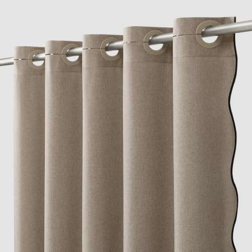 Furlinic Linen Shower Curtain No Hook Scalloped Greige Waterproof W48 x H75