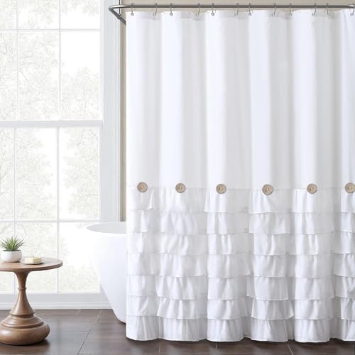 Ruffle Farmhouse Shower Curtain, White Vintage Shower Curtains for Bathroom Fabric Cute Rustic Cloth, 72" W X 72" L Inch
