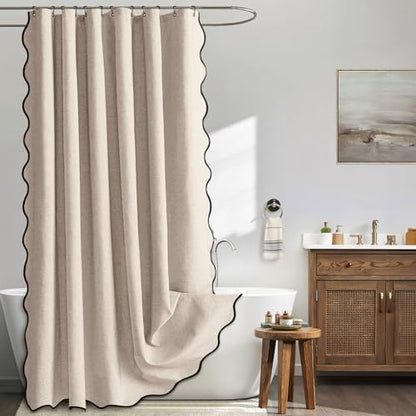 MIULEE 72"x90" Extra Long Scalloped Linen Shower Curtain Beige
