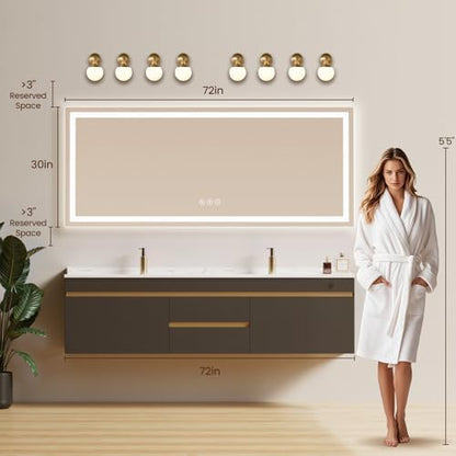 72"x30" LED Bathroom Mirror with Anti-Fog, Backlit & Front Lights, Memory