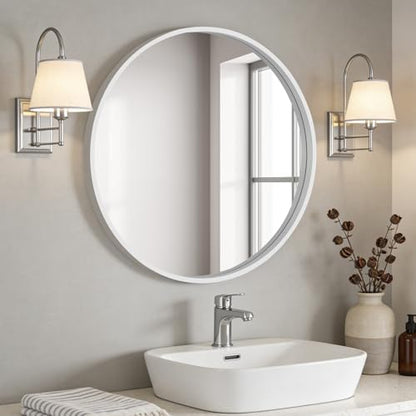 WallBeyond Round Wood Mirror 28 inch Circle Wall Mirror for Bathroom Round Wall Mirror for Wall Decor, Vanity, Entryway Living Room (White)