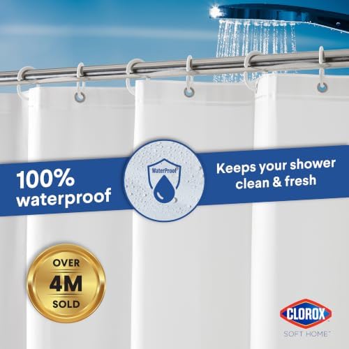 Clorox Shower Curtain Liner & Hooks, Premium Lightweight Flexible Waterproof 4g PEVA for Bathroom with Weighted Magnets, Standard Size 70" x 72", White 1 Pack
