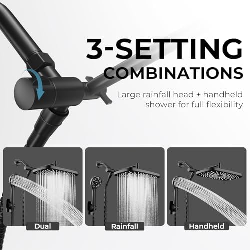 Black Rain Shower Head with Handheld Shower Head, 5 Spray Modes