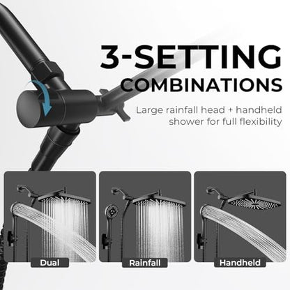 Black Rain Shower Head with Handheld Shower Head, 5 Spray Modes