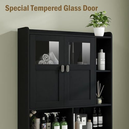 Vabches Over The Toilet Storage Cabinet with Doors and Shelves, Black