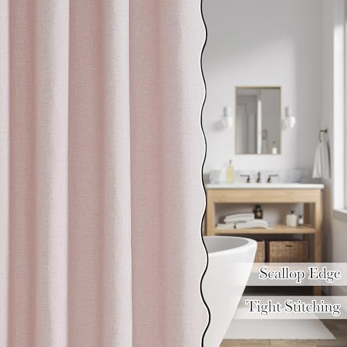 KGORGE Pink Shower Curtain Scalloped, Blush Cute Linen Textured Privacy Boho Heavy Duty Waterproof Washable Shower Curtain Set for Bathroom Home Decor with 12 Metal Hooks, 72 x 72 inches Long