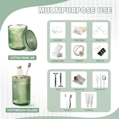 Green Glass Bathroom Accessories 4 Pcs, Green Bathroom Set, Soap Dispenser and Toothbrush Holder Set, Qtip Holder Set, Vintage Bathroom Sink Set, Cute Bathroom Decor