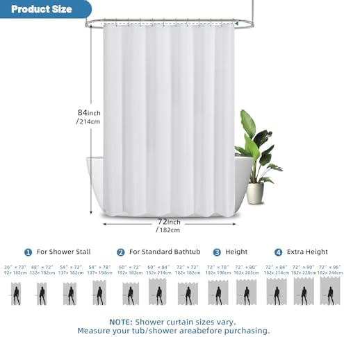 2-in-1 Waterproof Fabric Shower Curtain - No Separate Liner Needed, Hotel-Style Waffle Weave, Effortless Cleaning & Washable Bathroom Shower Curtain Set,72Wx84White