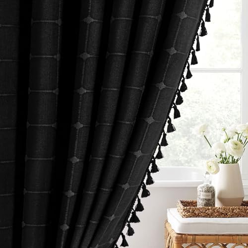 Boho Farmhouse Classic Plaid Linen Tassel Shower Curtain Black,72x78