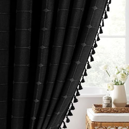 Boho Farmhouse Classic Plaid Linen Tassel Shower Curtain Black,72x78