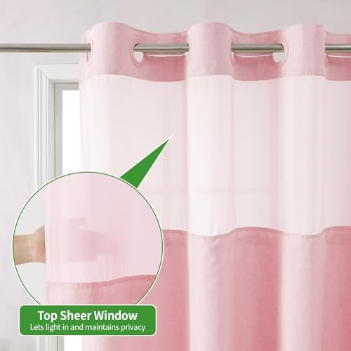 eachope No Hook Linen Texture Shower Curtain with Snap-in Liner,71x86 Pink