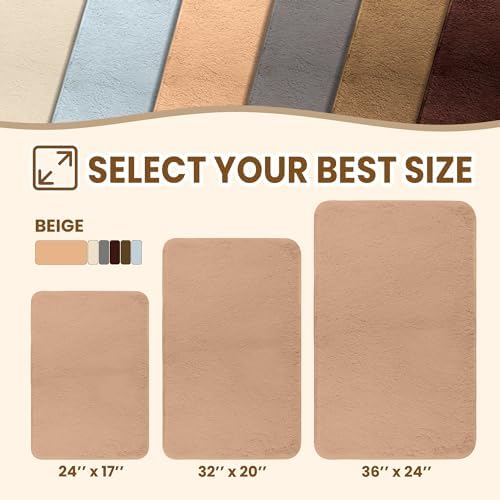 TECHMILLY Fluffy Bathroom Rug Mat 32x20, Absorbent Thick Non Slip Microfiber Mats, Quick Dry Machine Washable Bath Rug for Bathroom Floor, Bathtub and Shower, Beige