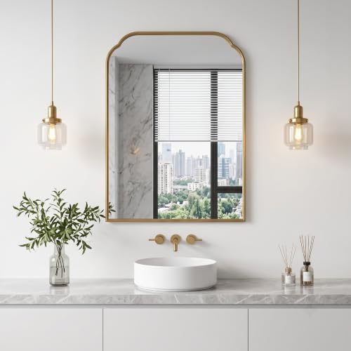 24"x18"﻿ Gold Bathroom Scalloped Mirror, Rust-Proof Metal Frame