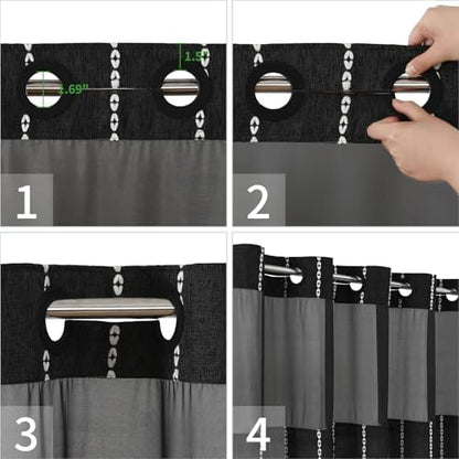 eachope Extra Long No Hook Shower Curtain with Snap-in Liner,71x86,Black