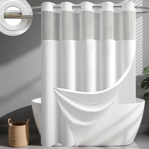 Dynamene White Hook Free Waffle Shower Curtain & Snap-in Fabric Liner,72x75
