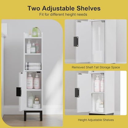 FerniTry Small Bathroom Storage Cabinet, Narrow Corner Floor Cabinet with Door and Shelves for Toilet Paper, Bathroom Organizer with Adjustable Shelf, for Small Spaces (White)