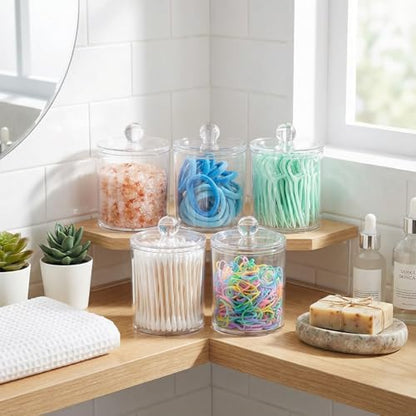 SheeChung 4 Pack Acrylic Qtip Holder with Labels, Qtip Jars for Bathroom