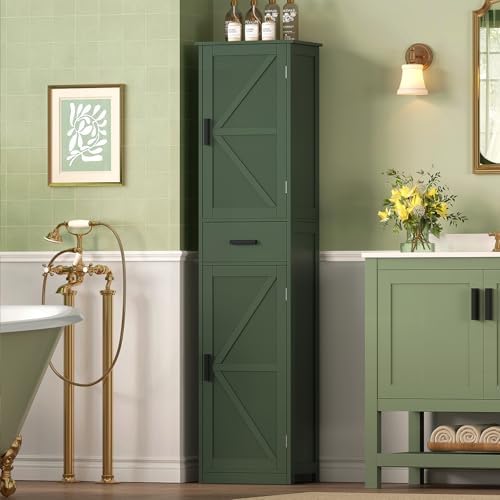 TEENFON Tall Bathroom Cabinet, Storage Cabinet with 6 Shelves & Drawer