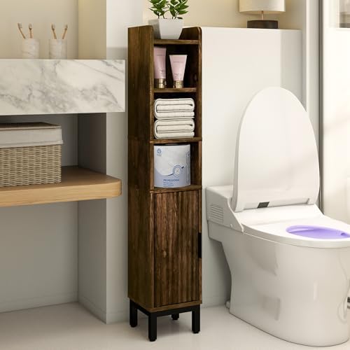 FerniTry Narrow Bathroom Storage Cabinet, Corner Toilet Paper Floor Cabinet 5 Tiers with Door and Shelves,Bathroom Organizer with Adjustable Shelf, for Small Spaces(Rustic Brown)