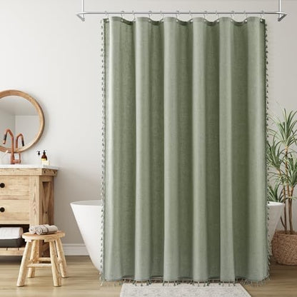 Nanspring Extra Long Sage Green Boho Linen Shower Curtain 96 Inch Length Neutral Faux Linen Simple Tassel Hotel Style Cloth Bath Curtain Set with Hooks Vintage Country Decor for Bathroom 72x96, Green