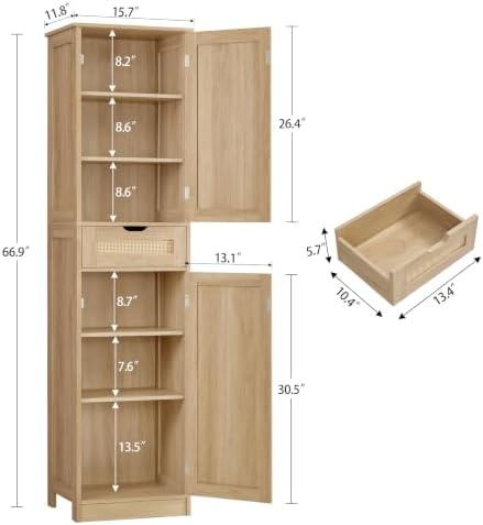 Iwell Tall Narrow Storage Cabinet with Doors, Rattan Cabinet with Adjustable Shelves, Freestanding Linen Storage for Living Room, Entryway, Kitchen, Bathroom, Natural