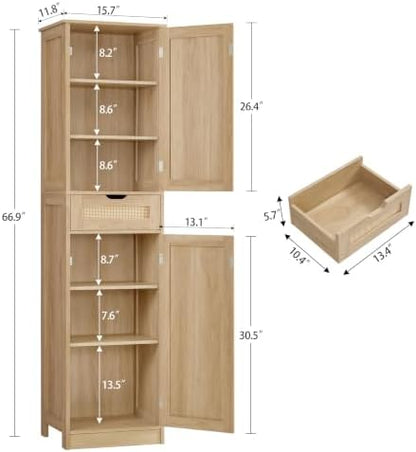 Iwell Tall Narrow Storage Cabinet with Doors, Rattan Cabinet with Adjustable Shelves, Freestanding Linen Storage for Living Room, Entryway, Kitchen, Bathroom, Natural