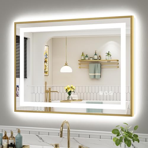 40x30 Inch LED Bathroom Mirror with Gold Frame, Backlit & Front Lit