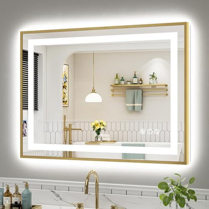 40x30 Inch LED Bathroom Mirror with Gold Frame, Backlit & Front Lit