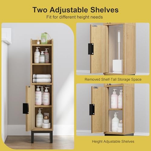 FerniTry Small Bathroom Storage Cabinet, Corner Narrow Toilet Paper Floor Cabinet with Door and Shelves,Bathroom Organizer with Adjustable Shelf, for Small Spaces (Oak)