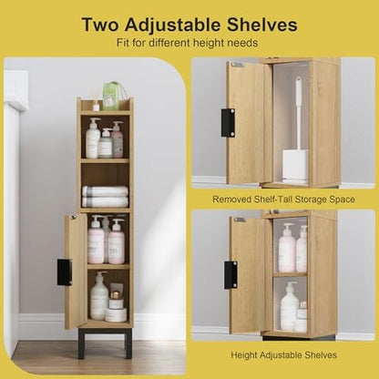 FerniTry Small Bathroom Storage Cabinet, Corner Narrow Toilet Paper Floor Cabinet with Door and Shelves,Bathroom Organizer with Adjustable Shelf, for Small Spaces (Oak)