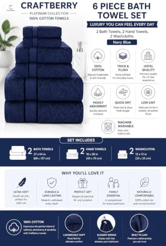 6 Piece Bath Towel Set, 2 Bath, 2 Hand, 2 Washcloths, Navy Blue