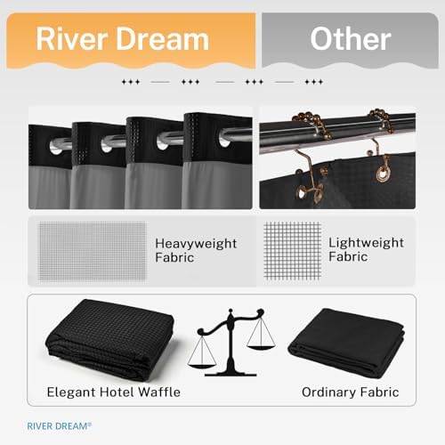 RiverDream Heavyweight Waffle No Hook Shower Curtain with Liner,Black,36x74