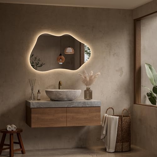 Keonjinn Irregular Backlit Bathroom Mirror 40 x 24 Inch, HD Tempered Glass