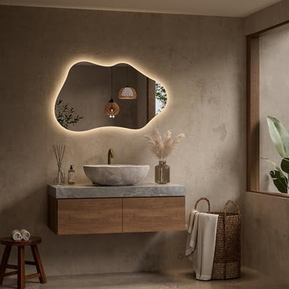 Keonjinn Irregular Backlit Bathroom Mirror 40 x 24 Inch, HD Tempered Glass