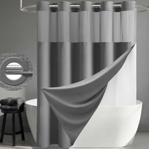 Dynamene Grey Hook Free Waffle Shower Curtain & Snap-in Fabric Liner,72x75