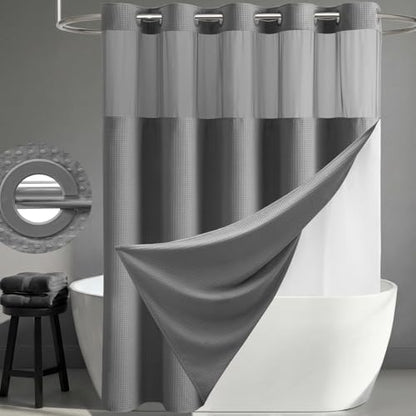 Dynamene Grey Hook Free Waffle Shower Curtain & Snap-in Fabric Liner,54x81