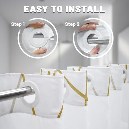 LXBNI Gold White No Hook Shower Curtain with Liner, 71 x 74 Inch