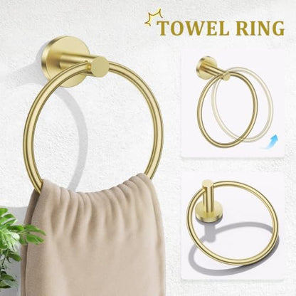 TURS Brushed Gold Bathroom Hardware Set 5 Piece, SUS304 Stainless Steel Bath Towel Bar Set, 24 Inch Bathroom Accessories Kit Wall Mounted