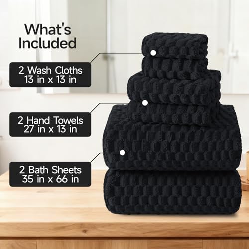 REDKISS Black Microfiber Towels Set of 6-35x70 Inches Oversized Bath Sheets, Extra Large Bath Towels Set of 6 for Adults, Super Soft Quick Dry Lint Free Absorbent Waffle Microfiber Shower Towels