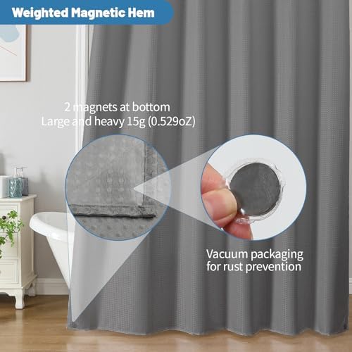 2-in-1 Waterproof Fabric Shower Curtain - No Separate Liner Needed, Hotel-Style Waffle Weave, Effortless Cleaning & Washable Bathroom Shower Curtain Set,72Wx84H,Grey