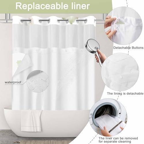 No Hook Shower Curtain and Liner Set, Light Green Floral 71x74