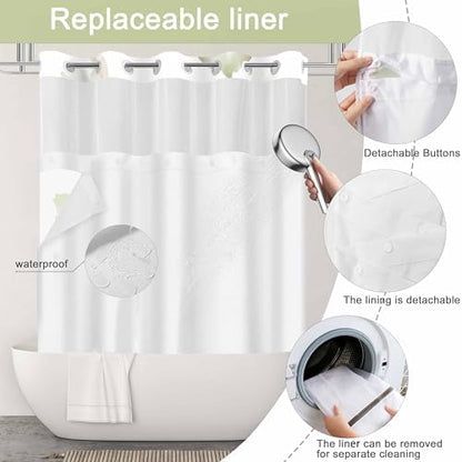 No Hook Shower Curtain and Liner Set, Light Green Floral 71x74