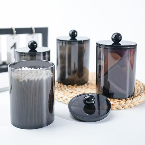 2 Pcs Acrylic Qtip Holder, Cotton Ball Holder Jars with Lids, Black