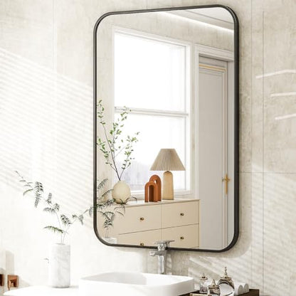 Easly 30 x 40 Inch Bathroom Mirror, Rounded Rectangular Vanity Mirror for Wall, Modern Mirror for Room Decor, Black Framed Wall-Mounted Mirrors for Home Decor, Hangs Horizontally or Vertically
