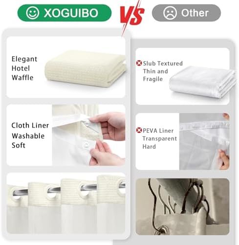 No Hook Shower Curtain with Liner Set Hotel Waffle Curtain Cream 72W X 75L