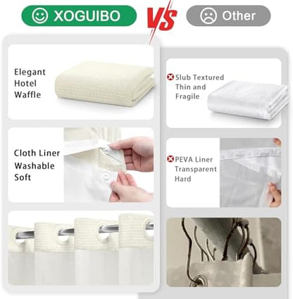 No Hook Shower Curtain with Liner Set Hotel Waffle Curtain Cream 72W X 75L
