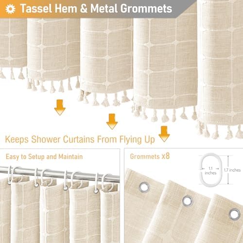 BTTN 48x72 Boho Farmhouse Linen Heavy Duty Shower Curtain Set, Cream/Beige