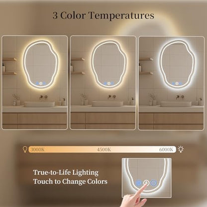 Irregular Wall Mirror 25 x 35 Inch, Lighted Mirrors for Bathroom Wall, Asymmetrical LED Mirror for Bathroom with Anit-Fog, Dimmable, Memory Function (Horizontal/Vertical)