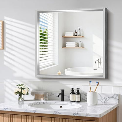 CIRCUMI 30"x30" Brushed Silver Bathroom Mirror, Square Mirror for Vanity
