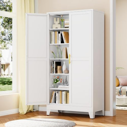 79" White Metal Storage Cabinet with 2 Doors and 5 Adjustable Shelves,Steel Garage Tool Cabinet, File Cabinet,Kitchen Pantry Cabinet for Home,Office,Garage,School,Warehouse